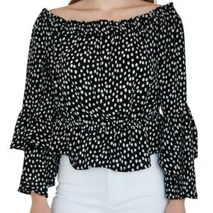 EXPRESS On/Off Shoulder Peplum Hem Belled Sleeve Black & White Blouse NWOT Small